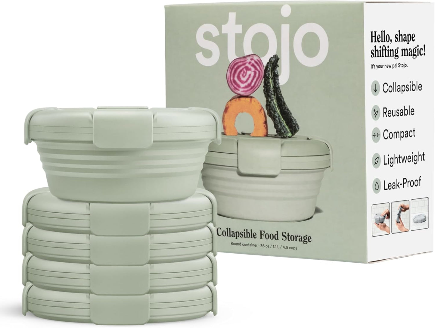 STOJO Collapsible Bowl 5 Set - Sage, 36oz - Reusable Silicone Bowl for Hot and Cold Food - Perfect for Travel, Meal Prep, To-Go Lunch, Camping & Hiking - Microwave & Dishwasher Safe