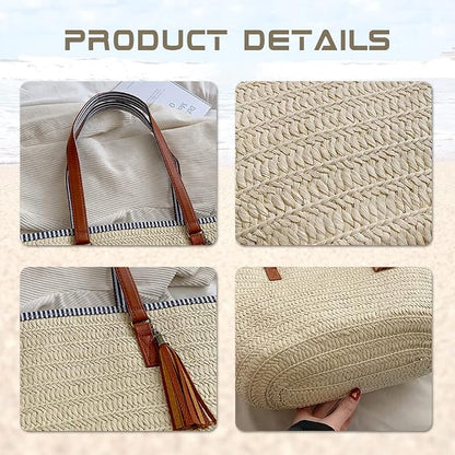 Pahajim Straw Beach Bags Tote Tassels Bag Hobo Summer Handwoven Shoulder Bags - Image 2