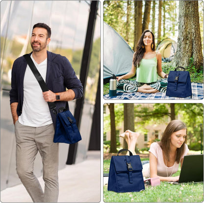 Insulated Foldable Lunch Bag- Lightweight Portable with Adjustable Shoulder Strap Lunch Box for Men, Women, Office, Work, Picnic, Hiking and Beach (Navy Blue(Soft Fabric))