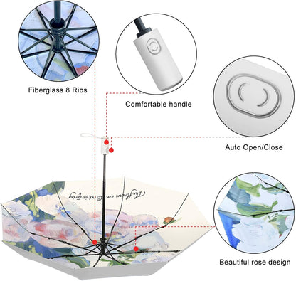 Cuby UV Sun Umbrella Compact Folding Travel Umbrella Auto Open and Close for Windproof, Rainproof & 99.9% UV Protection Parasol with Silver Anti-UV Coating (Silver Rose)