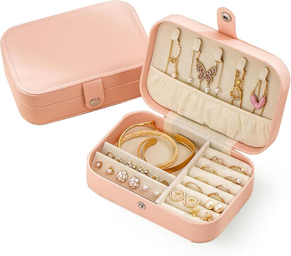 Travel Jewelry Box,Jewelry Travel Case, Small Jewelry Box,2 Layer Travel Jewlery Case, PU Leather Mini Portable Jewerly Storage Display Holder for Earrings, Ring, Necklaces, Bracelets (Pink)