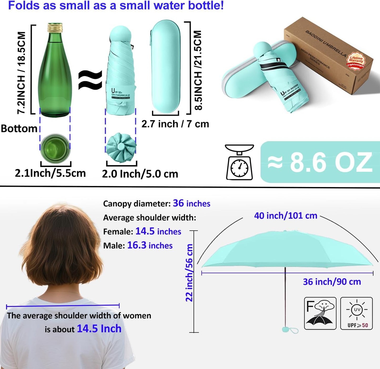 BAODINI Travel Mini Umbrella for Purse With Case Small Compact UV Sun Protection Sun Lightweight Tiny Pocket Umbrella for Women Kids and Men