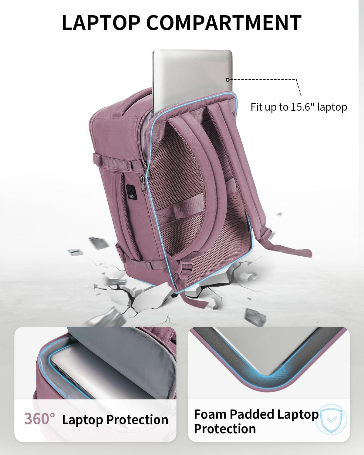 ECOHUB Travel Backpack for Women, Carry on Backpack with USB Charging Hole, Spirit Airlines Personal Item Bag Flight Approved, 15.6 Inch Laptop Backpack with Anti Theft Pockets, 30L, Pink