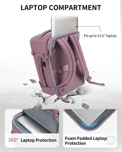 ECOHUB Travel Backpack for Women, Carry on Backpack with USB Charging Hole, Spirit Airlines Personal Item Bag Flight Approved, 15.6 Inch Laptop Backpack with Anti Theft Pockets, 30L, Pink