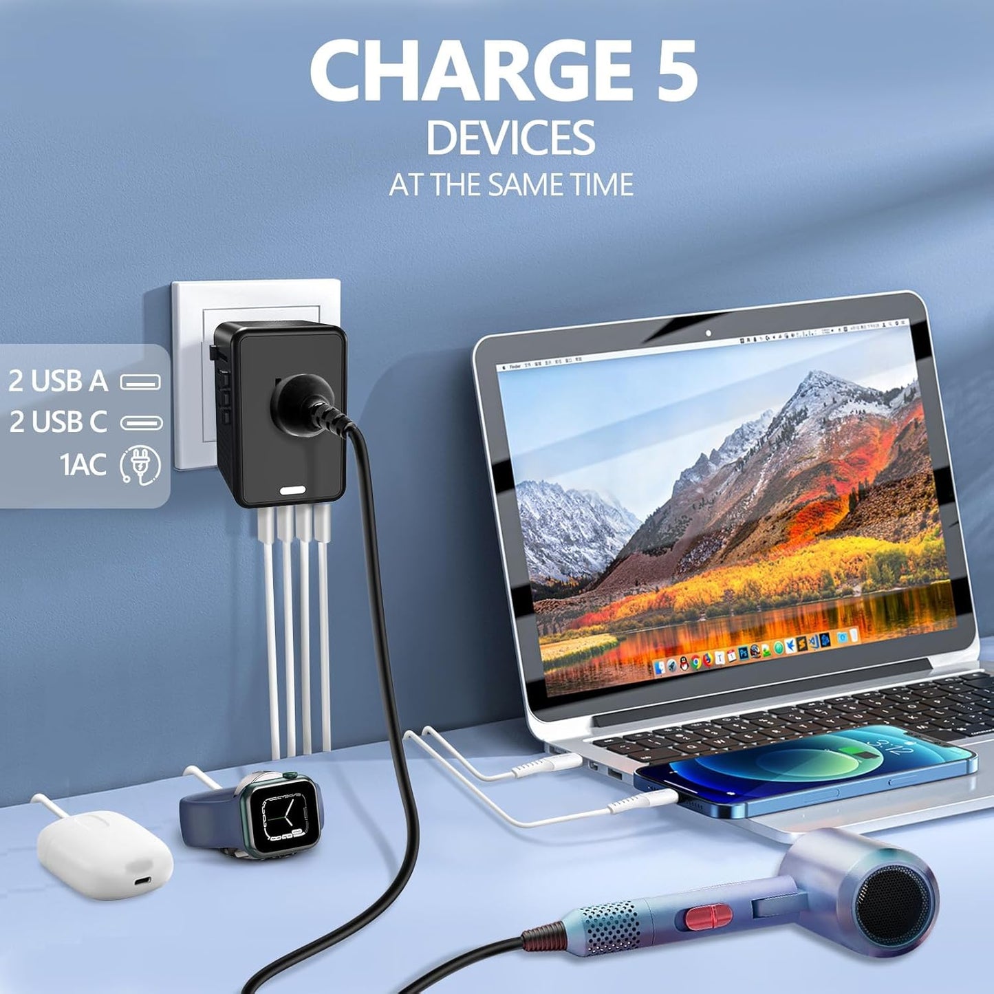 220V to 110V Voltage Converter US to Europe for Hair Dryer with Fast Charging 2 USB A 2 USB C, Power Converter Adapter Combo International Travel Adapter C A G I (Black)