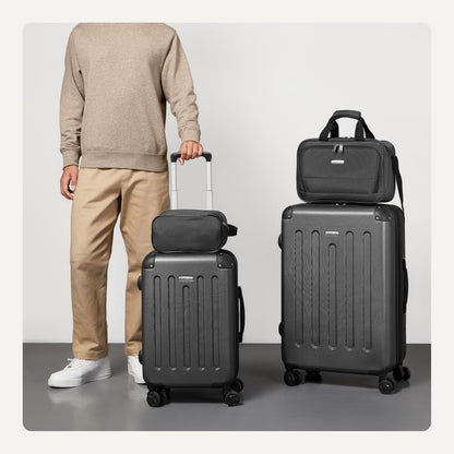 Amazon Basics 4-Piece Luggage Set, Including Two Hardside Suitcases With Multi-directional Spinner Wheels (22" Carry-On and 28" Checked), 15" Tote Bag and 10" Compact Travel Bag, Black