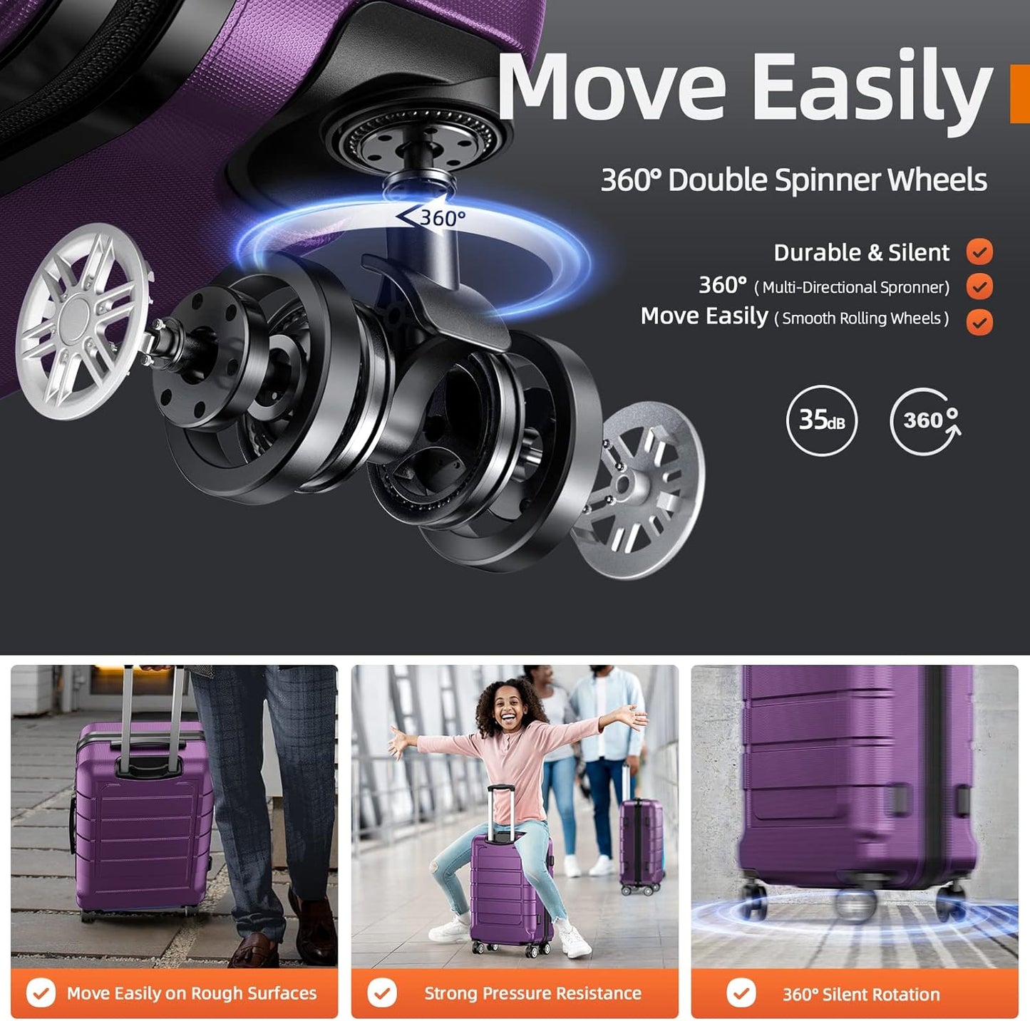 SHOWKOO Luggage Sets Expandable PC+ABS Durable Suitcase Sets Double Wheels TSA Lock 4 Piece Luggage Set Purple