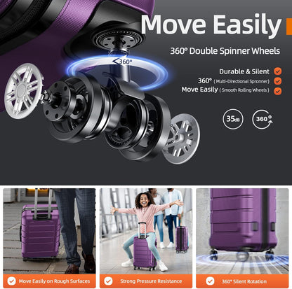 SHOWKOO Luggage Sets Expandable PC+ABS Durable Suitcase Sets Double Wheels TSA Lock 4 Piece Luggage Set Purple