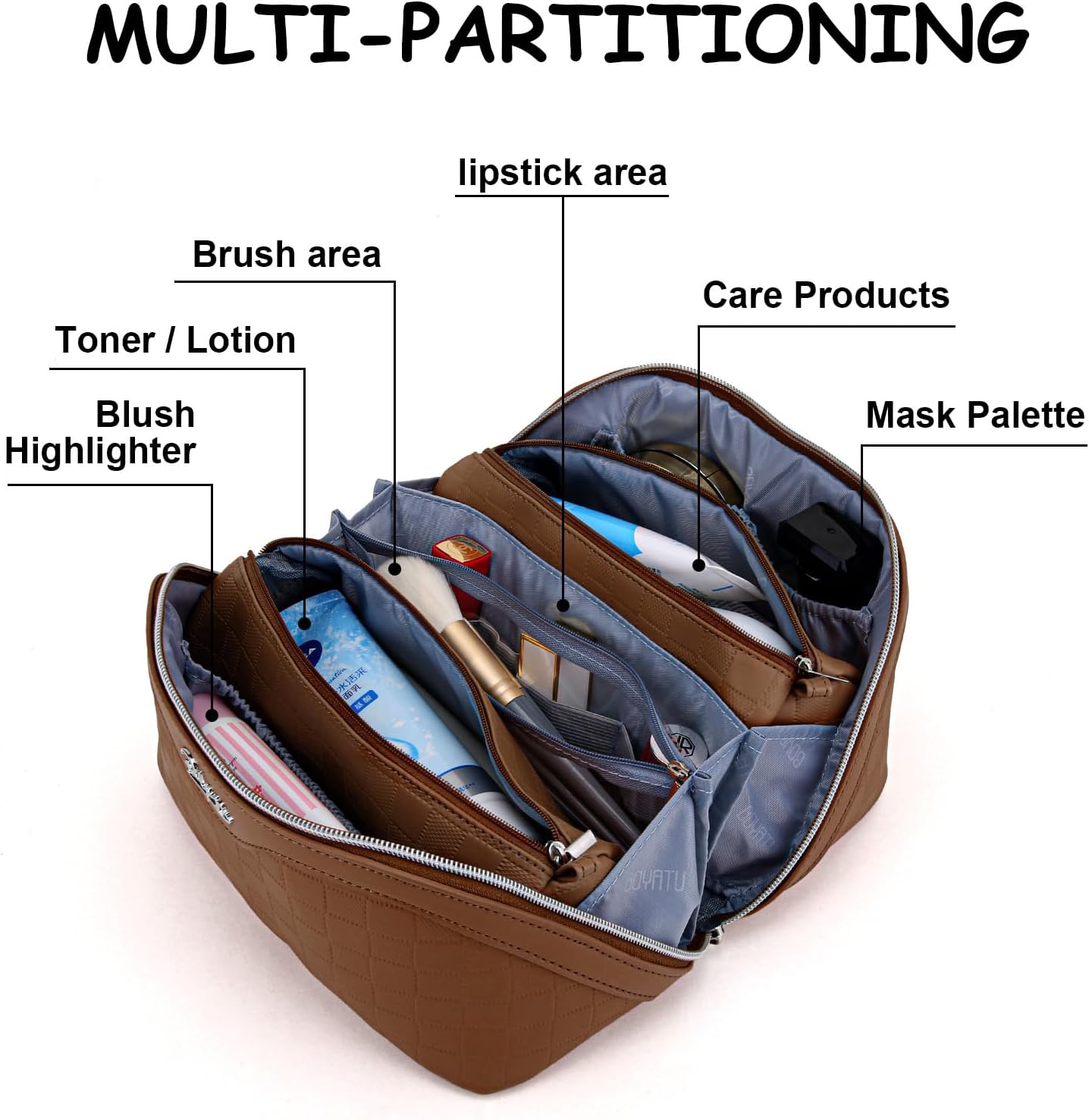 Travel Makeup Bag Organizer Cosmetic Bag: 3 Pcs Set Make up Bags for Women with Handle - Waterproof Vegan Leather Toiletry Bags with Comparments (C-03-Brown)