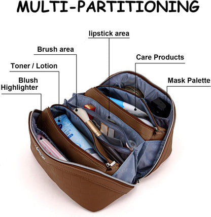 Travel Makeup Bag Organizer Cosmetic Bag: 3 Pcs Set Make up Bags for Women with Handle - Waterproof Vegan Leather Toiletry Bags with Comparments (C-03-Brown)