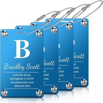 4 Pack Personalized Luggage Tags for Suitcases, Handmade Engraved Stainless Steel Custom Luggage Tags for Cruise Travel with Stainless Loop, Suitcase Identifier Metal Name Baggage Tag
