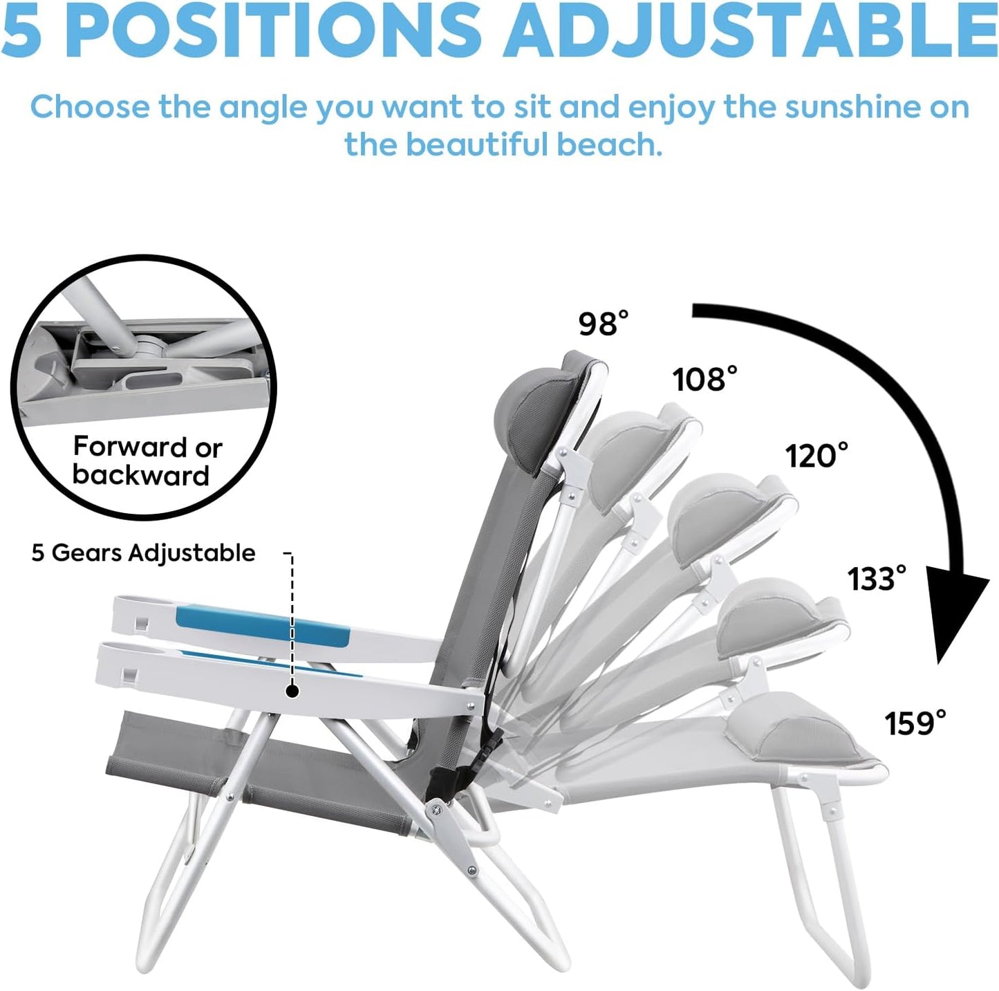 ICECO Backpacking Beach Chairs for Adults, 5 Positions Reclining Chair, Heavy Duty Folding Chairs, Portable Lay Flat Outdoor Chair with Cup Holder for Beach, Camping, Lawn, 350lb Capacity