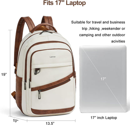 43L Backpack for Women Men - Vegan Leather Backpack Purse Travel Carry-on Bag College Bookbag Work fits 17" Laptop, Beige