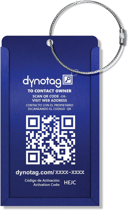 Dynotag® Web Enabled Smart Aluminum Convertible Luggage ID Tag + Braided Steel Loop, with DynoIQ™ & Lifetime Recovery Service (Sapphire Blue)
