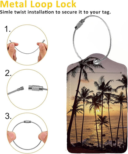 Sunset with Coconut Trees 2 Pack Luggage Tag for Suitcase, Cute Unique Leather Bag Tags Identifiers Privacy Cover ID Label with Steel Loop for Women Men Kids Girls Travel