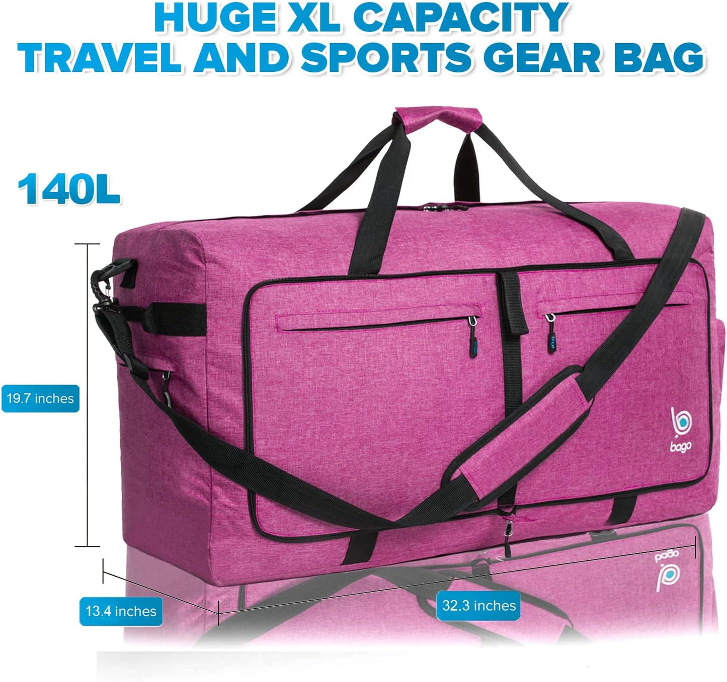 Bago Big XXL Foldable Duffel Bags for Traveling Women & Men - 140L Packable Duffle Bag for Travel with Shoe Compartment - Water Repellant, Heavy Duty, Lightweight Folding & Collapsible (SnowPink)