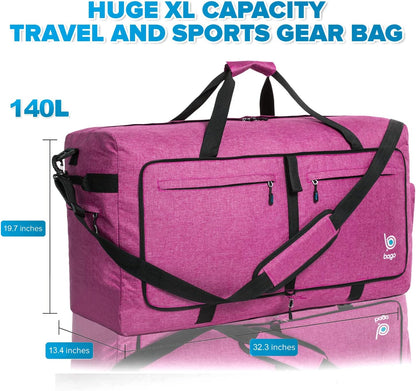 Bago Big XXL Foldable Duffel Bags for Traveling Women & Men - 140L Packable Duffle Bag for Travel with Shoe Compartment - Water Repellant, Heavy Duty, Lightweight Folding & Collapsible (SnowPink)