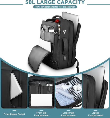 Travel Backpack, 50L Expandable Extra Large Laptop Backpack, Carry On Backpack Water Resistant Business Suitcase Daypack Bag Fits 17 Inch Laptops, Travel Gifts for Men Women, Black