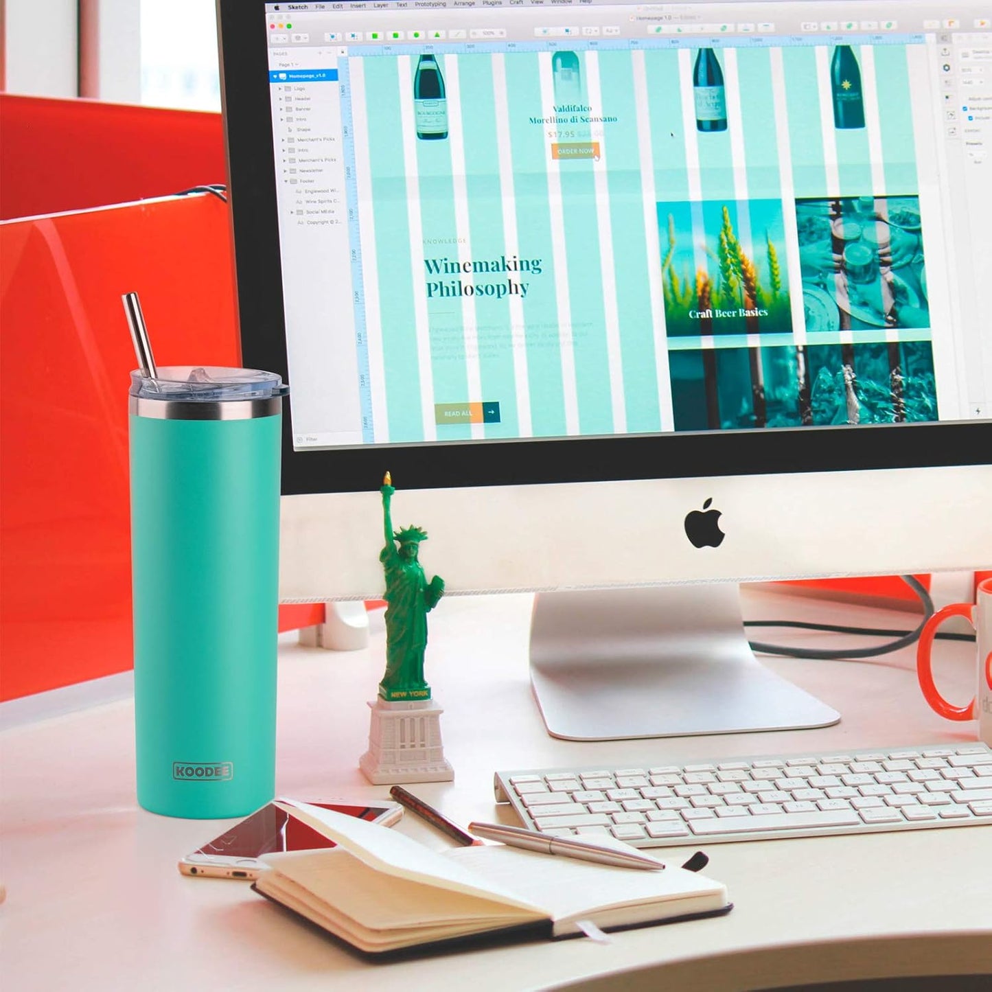 koodee 20 oz Skinny Tumbler Stainless Steel Double Wall Insulated Water Tumbler Cup with Lid and Straw, Slim Travel for Women/Men Diy Birthday Gift (Teal)