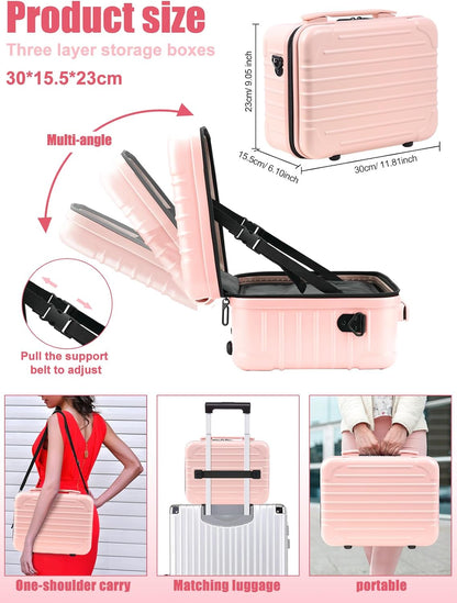 Kalolary Travel Makeup Train Cases,Makeup Bag with 3 Color Lighted Mirror Cosmetic Case Organizer Bag with Adjustable Dividers & Shoulder Strap 3 Layer Portable Makeup Storage Box for Women,Pink