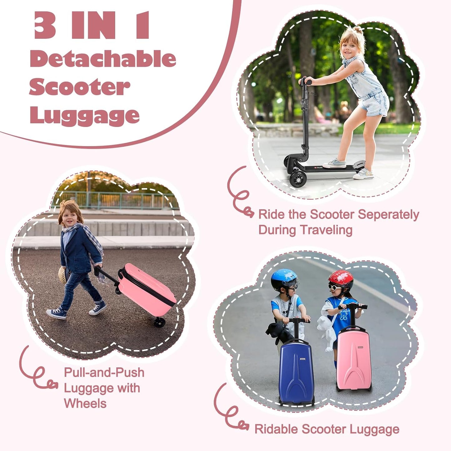 iubest Luggage Carry On Scooter Suitcase for Kids Age 4-15, Detachable & Foldable 4 in 1 Suitcase, Multifunctional Ride On Travel Trolley Scooter Combo-Pink