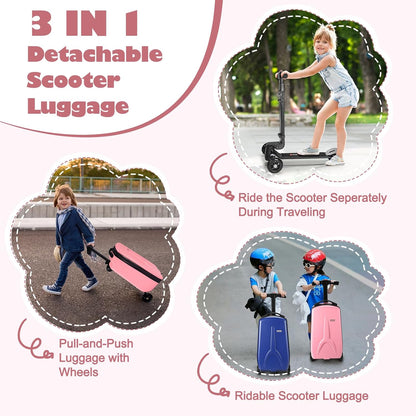 iubest Luggage Carry On Scooter Suitcase for Kids Age 4-15, Detachable & Foldable 4 in 1 Suitcase, Multifunctional Ride On Travel Trolley Scooter Combo-Pink