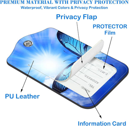 Blue Butterfly Luggage Tags for Suitcases Leather Travel Tags for Luggage ID Label with Privacy Cover and Stainless Steel Loop for Men Women Suitcase Backpack, Set of 2