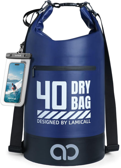Lamicall Dry Bag Waterproof Backpack - [Zippered Pocket] 5L/10L/20L/30L/40L Roll Top Waterproof Bag with Water Proof Phone Pouch, Floatable Drybag for Swimming, Boating, Kayaking, Camping, Beach