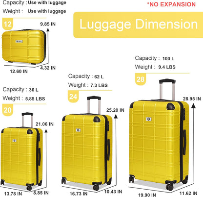 Luggage Sets 4 Piece, ABS PC Lightweight Suitcases with Wheels, Hardshell Luggage Sets Suitcase set with TSA Lock Yellow (12in 20in 24in 28in)