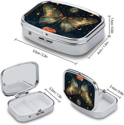 Metal 2 Compartment Pill Organizer Travel Friendly Portable Compact Pill Box Cute Pill Case to Hold Vitamins,Fish Oil,Supplements,Meds,Tablet for Purse,Pocket. (Butterflies in The Night)
