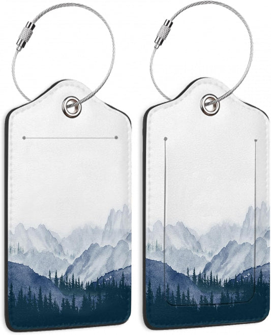Pine Mountain ForestLuggage Tags for Suitcases,2 Pack Winter Woods Luggage Tag,Leather Stainless Steel Loop Label Tag for Women Men Girls Travel Bag Suitcase