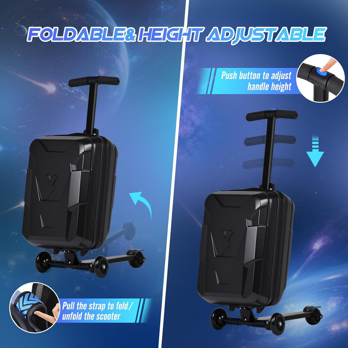 smilesun Scooter Suitcase for Kids & Adults, Foldable Carry On Travel Luggage, Hardside Ride on Scooter Suitcase with LED Light up Wheels，Black