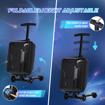 smilesun Scooter Suitcase for Kids & Adults, Foldable Carry On Travel Luggage, Hardside Ride on Scooter Suitcase with LED Light up Wheels，Black