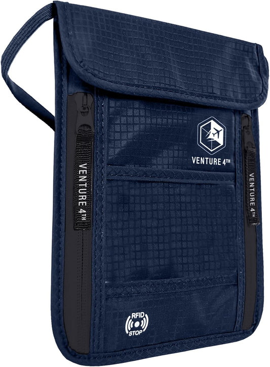 VENTURE 4TH Passport Holder Neck Pouch With RFID Blocking – Hidden Neck Wallet (Navy Blue)