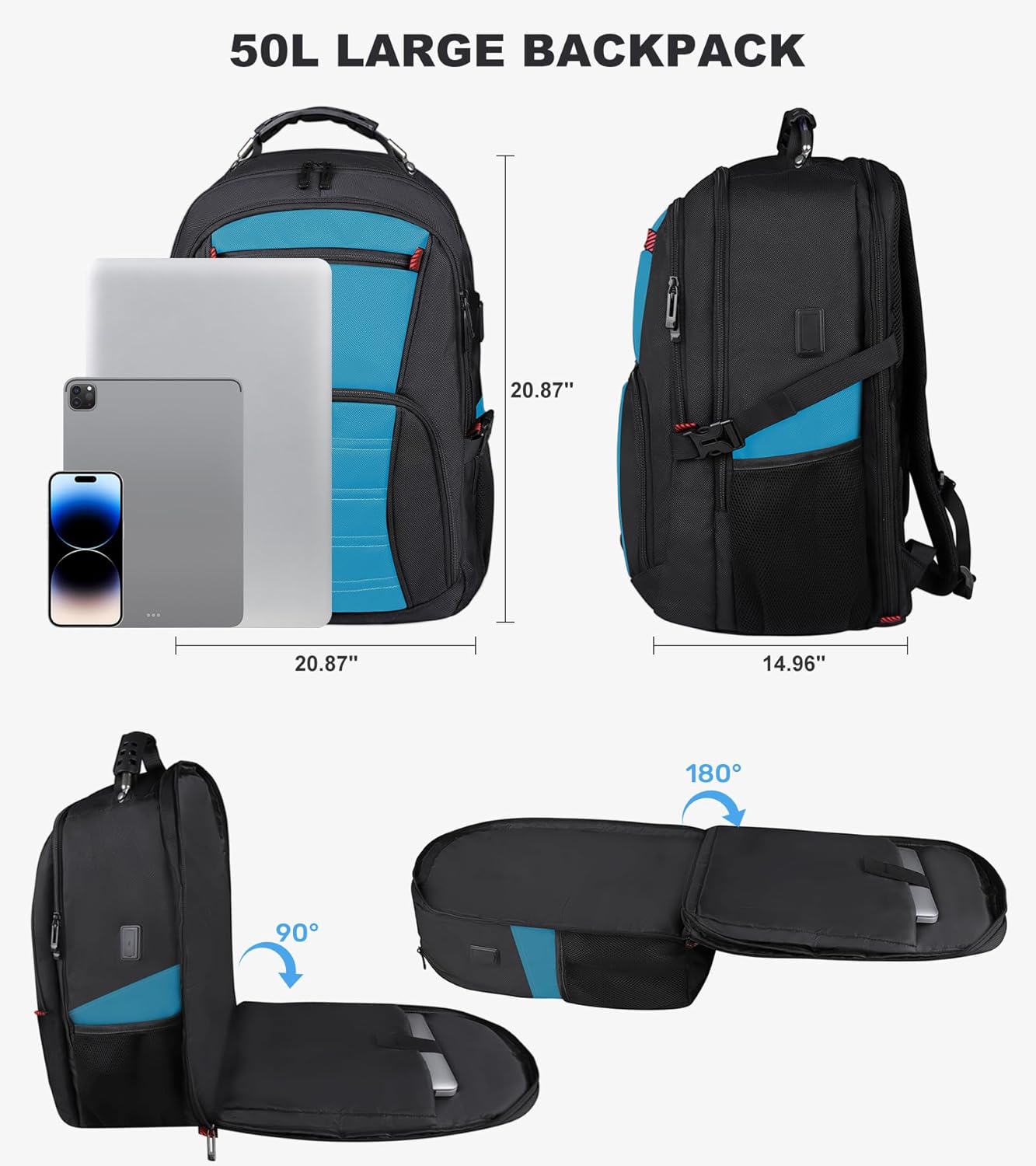 Extra Large Backpack, Travel Laptop Backpack for Men Women, Big Backpack, 50L Water Resistant School Business Work College Computer College Heavy Duty Bag, Fits 17 Inch Laptop, Blue