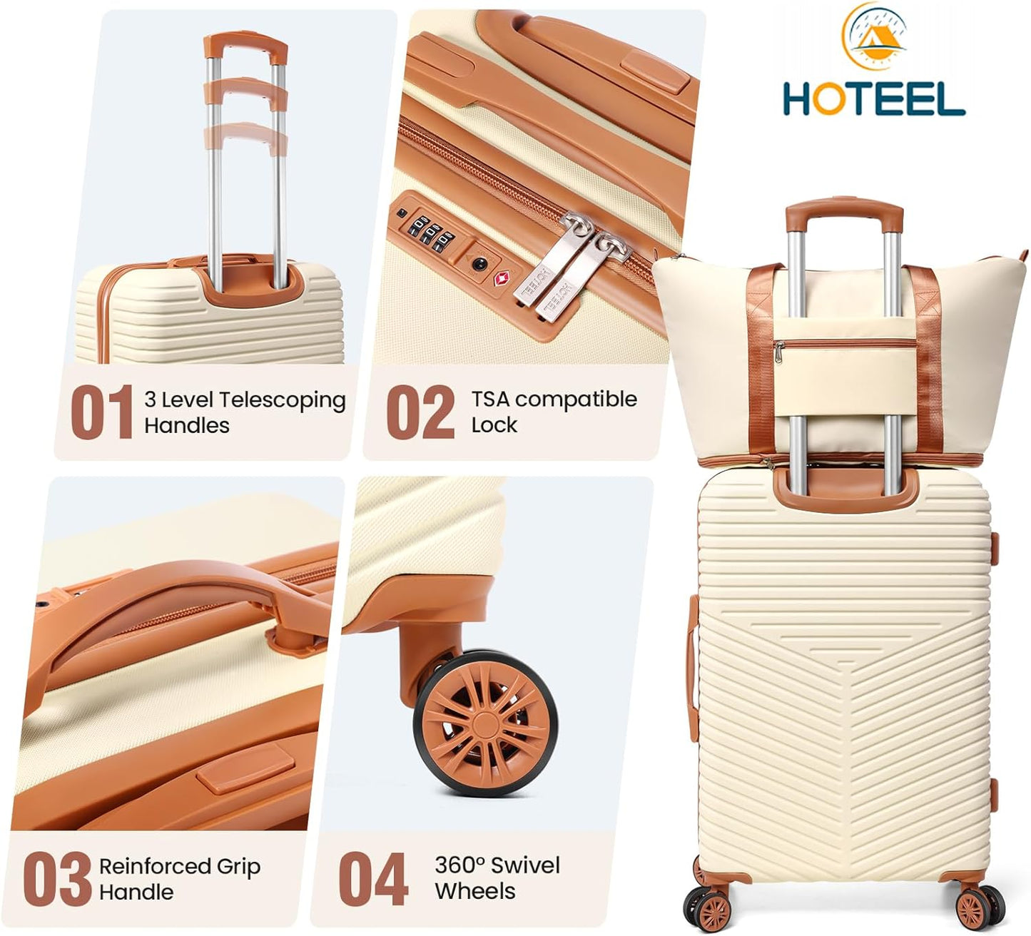 Hoteel 4 Piece Luggage Set (4-YEAR WARRANTY) Carry on ABS+PC Hard Shell Suitcase with Spinner Wheels & TSA Lock (Beige)