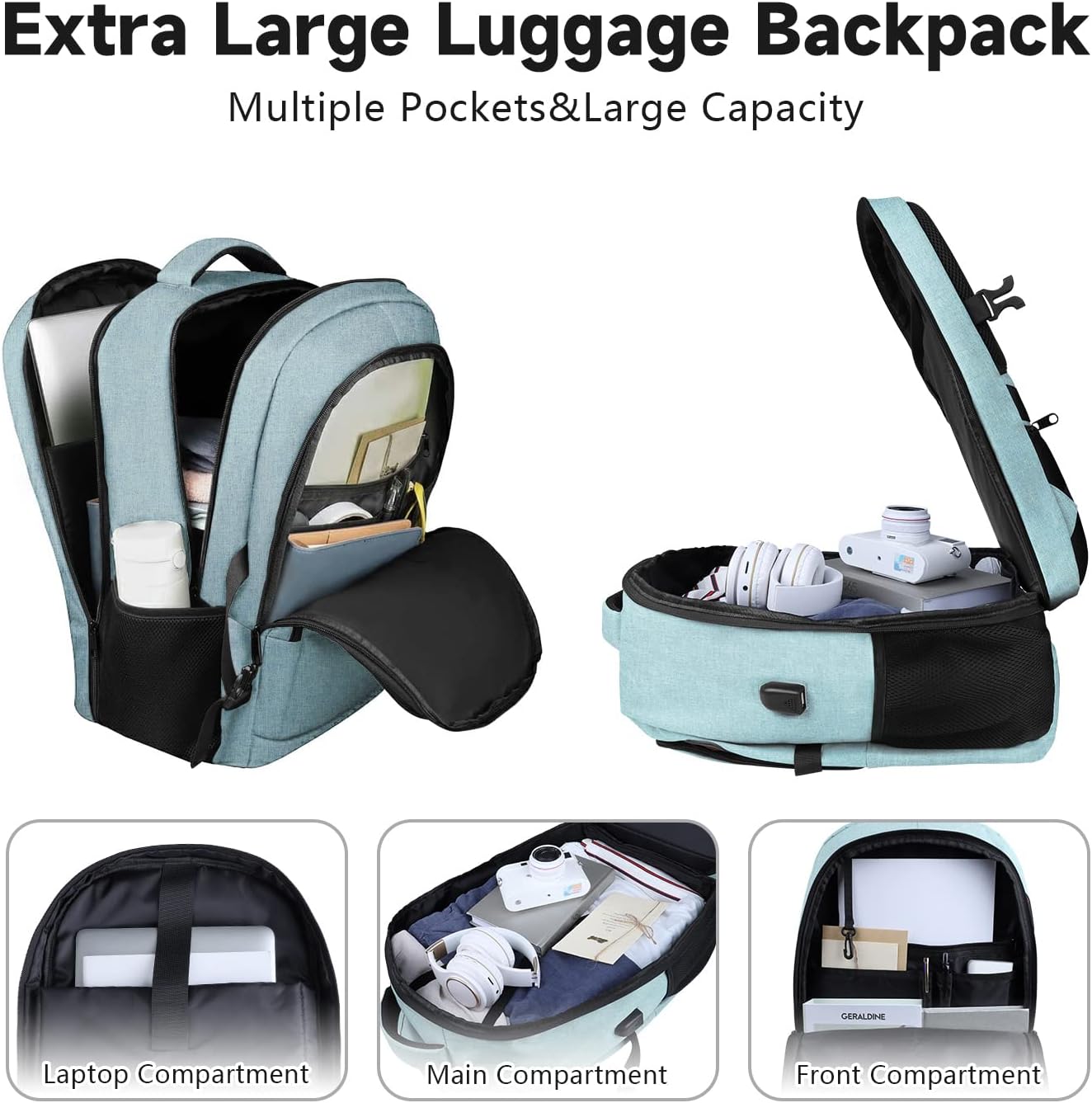 Lapsouno Extra Large Backpack, Travel Laptop Backpack, Carry on Backpack, Sturdy 17 Inch TSA Friendly with USB Port, Water Resistant College School Computer Bag Gifts for Men Women, Lake Green