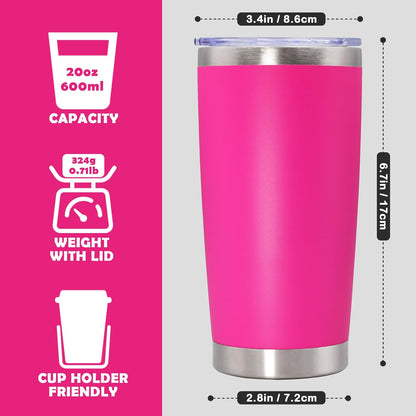20oz Tumbler Bulk Stainless Steel Tumbler Cup with Lid Vacuum Insulated Double Wall Travel Mug, Durable Powder Coated Travel Coffee Tumbler Mug for Hot & Cold Drinks, Hot Pink,12 Pack