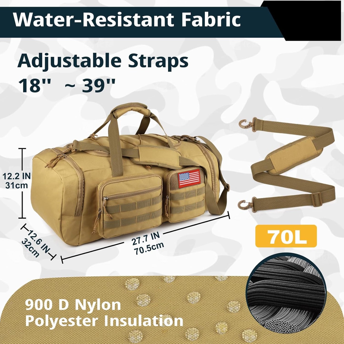 Tactical Gym Bag for Men，70L Large 3 in 1 Sports Duffle Bag with Shoes Compartment for Travel,Water Resistant Travel Backpack Weekender Overnight Bag with Wet Pocket for Women