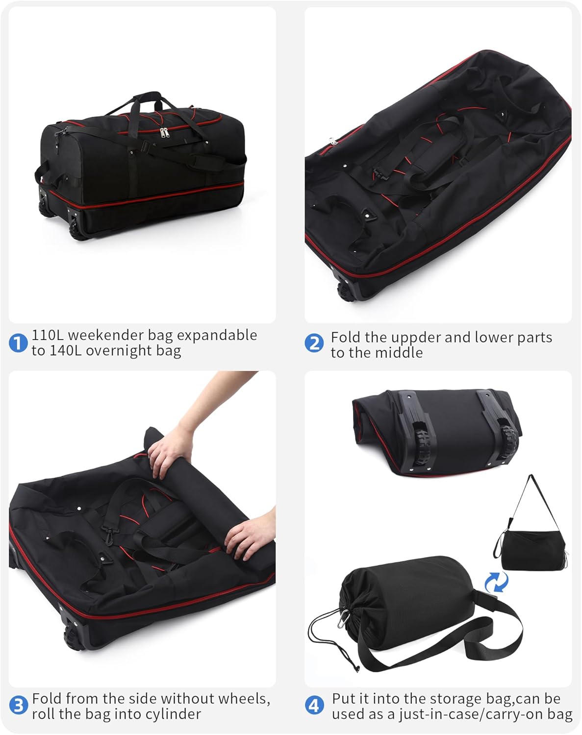 CONTAIL 32”110L Expandable 140L Rolling Duffle Bag with 2 Inline Wheels,Convertible Weekend Travel Bag with Bungee-Cord System,Black-red