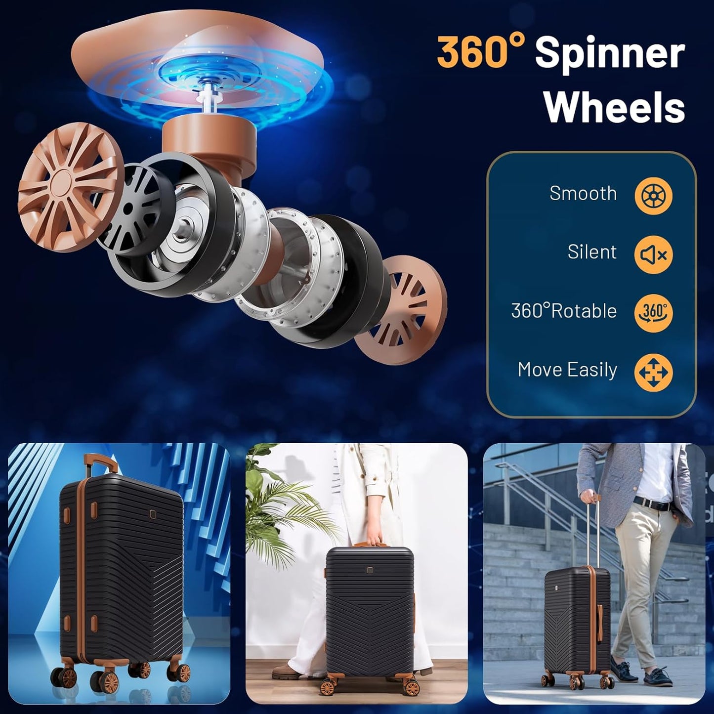 Hoteel 6 Piece Luggage Set (4-YEAR WARRANTY) with Spinner Wheels & TSA Lock, Carry on Luggage Hardshell ABS+PC, Travel Collection Suitcases Sets, Black(13/20/24/28",Travel Bag,Cosmetic Bag)