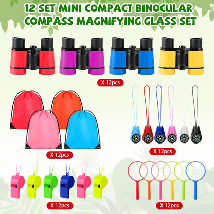 12 Set Binocular Compass Magnifying Glass Set Christmas Birthday Gift Small Telescope Binocular with Whistle Bag for Outdoor Exploring Stocking Stuffer(Multiple Color,Classic)