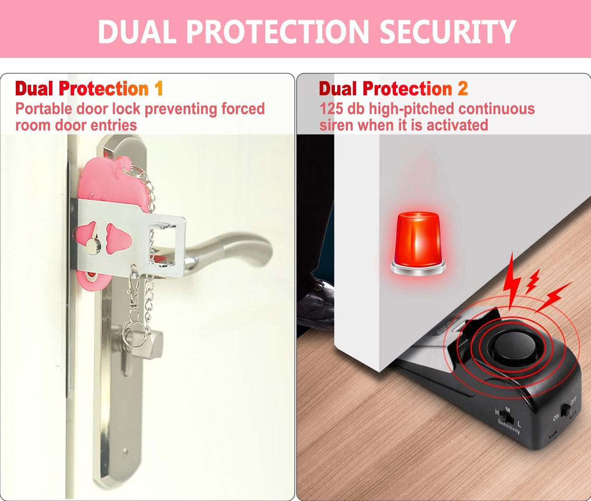 MBBEST Hotel Door Lock & Door Stop Alarm,Dual Protection Security Devices Pocket Door Stopper Self Defensey Tools for Hotel Travel Home Apartment House, Pink/Pink
