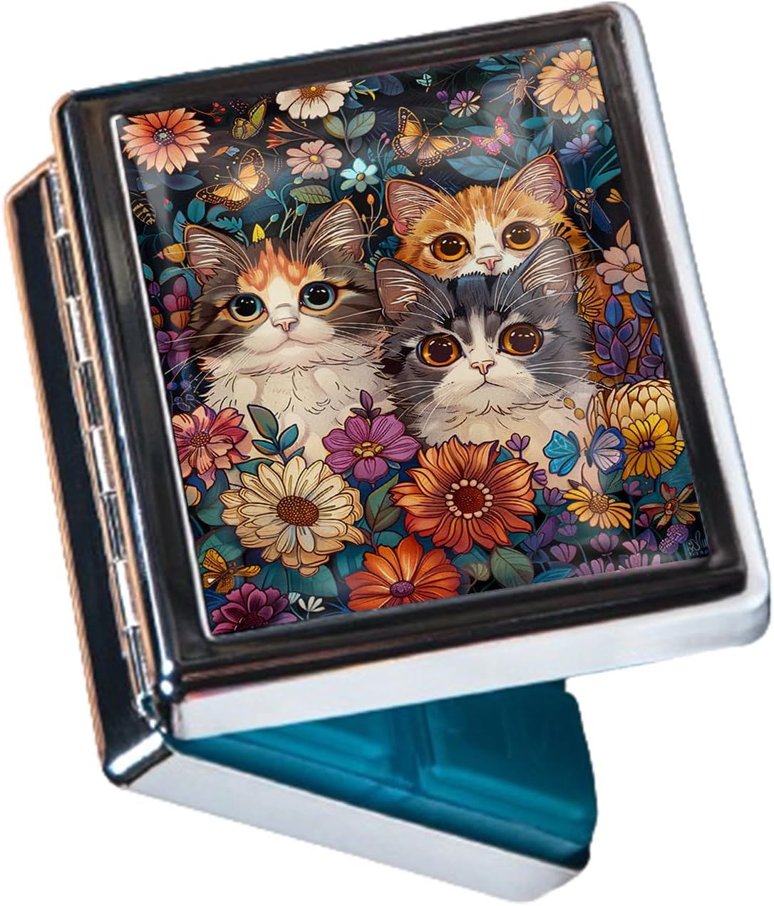8‑Compartment Metal Pill Box Organizer – Portable Medicine Case 3″×2.6″ | Food‑Grade Dividers | Secure Snap Button Lid | Travel & Gift for Seniors (Curious Kittens in Bloom)
