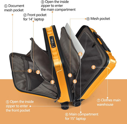TydeCkare 16" Carry on Luggage with 2 Laptop Compartments, Lightweight Hardshell ABS+PC Suitcase with Dual Control TSA Lock, with YKK Zipper, 4 Spinner Silent Wheels, for Business Travel, Orange