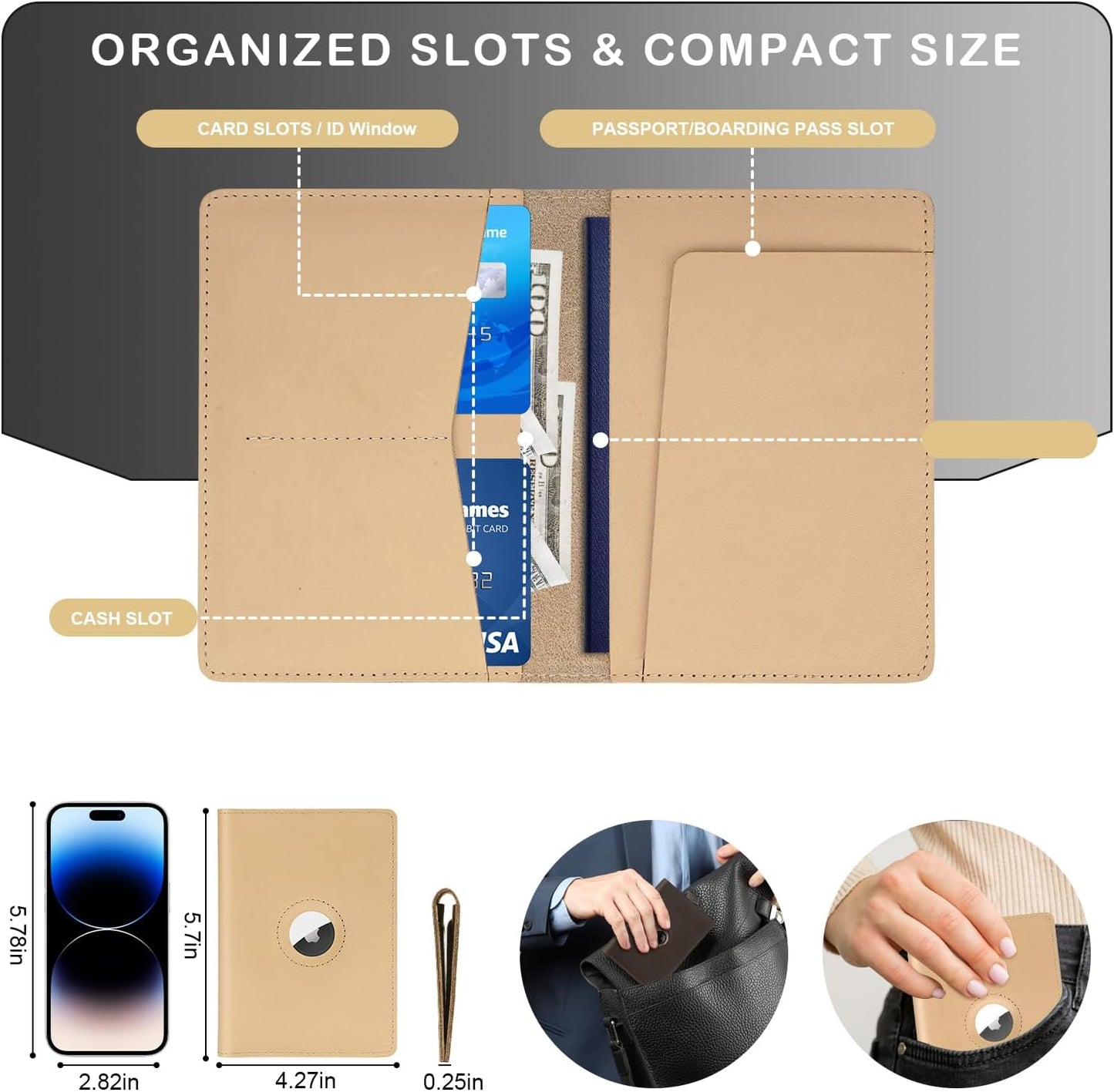 Airtag Passport Holder for Men and Women Travel, Real Leather Passport Wallet, Handmade Passport Cover Case with Airtag Slot, Travel Must Haves Essentials Accessories Birthday Gifts(Crazy Horse,Beige)