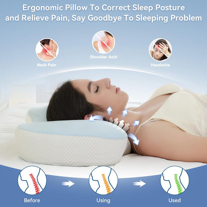 Cervical Pillow for Neck and Shoulder Support, Memory Foam Ergonomic Contour Orthopedic Bed Pillows with Adjustable Height & Breathable Pillowcase for Side, Back, Stomach Sleepers(Blue)