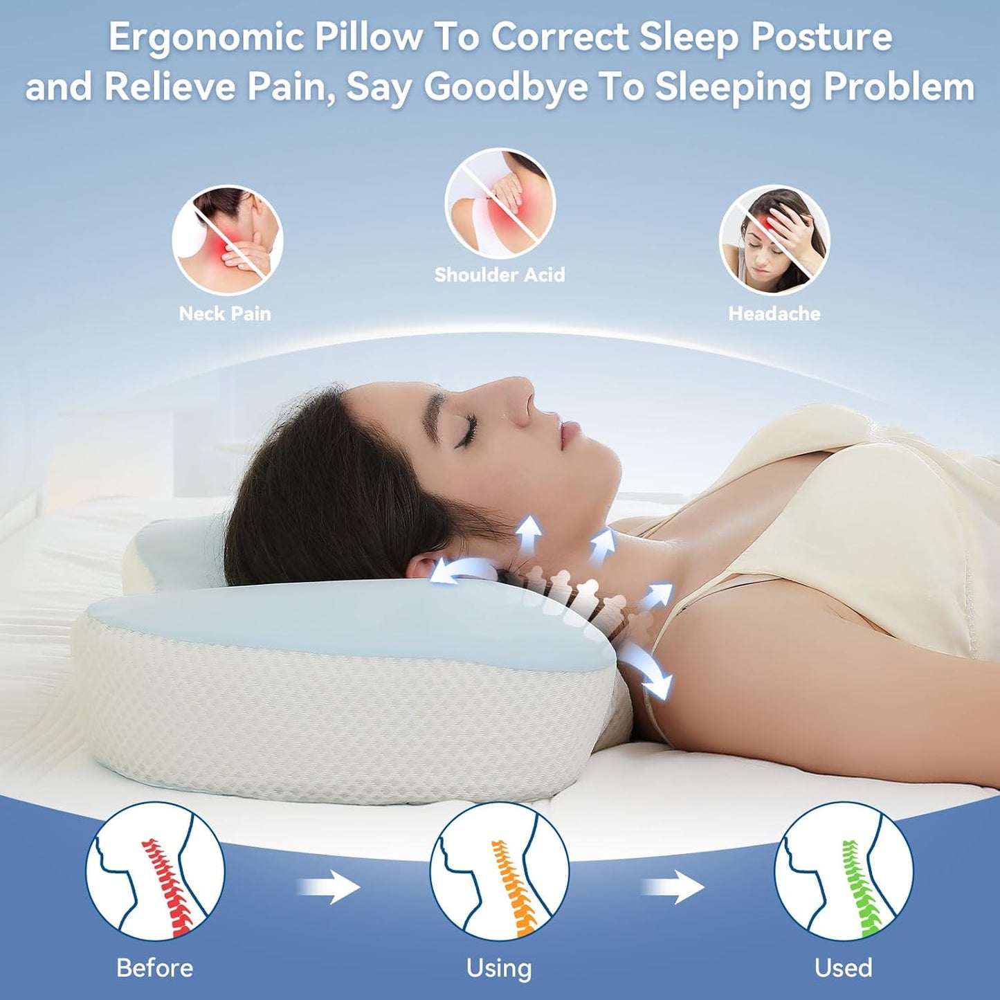 Cervical Neck Pillow - Ergonomic Memory Foam Pillow for Side, Back & Stomach Sleepers, Orthopedic Contour Pillow with Dual Height & Breathable Pillowcase(Grey)