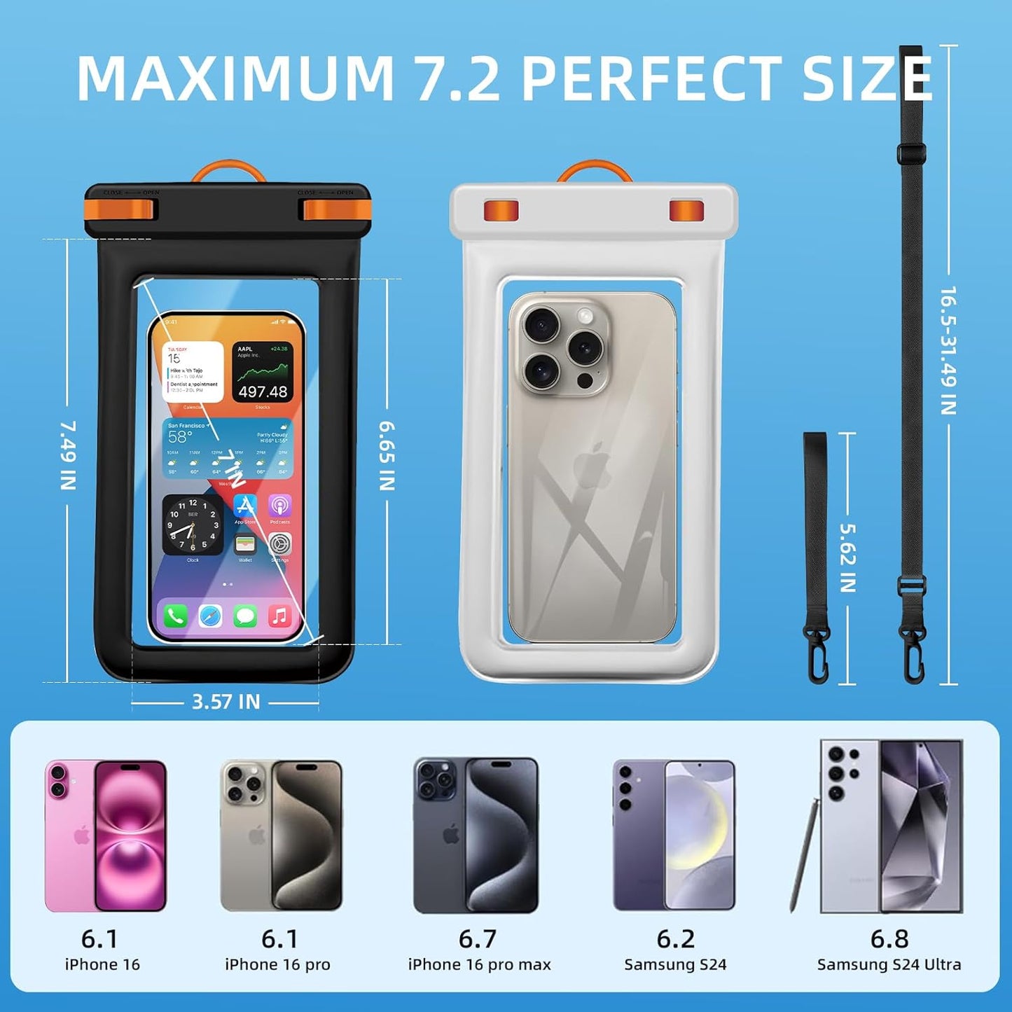 IPX8 Floating Waterproof Phone Case 2-Pack,7.2 Inch Waterproof Phone Pouch for iPhone 16/15/14 Pro Max Galaxy S24/S23 Adjustable Lanyard + Wrist Strap Beach Swimming Travel Essentials