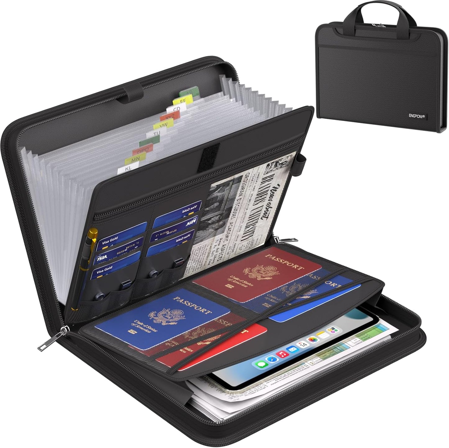 ENGPOW Accordion File Organizer,Fireproof Expanding File Folder with Multi Pockets,13 Pockets Document Organizer with Handle & Labels,Portable Home Travel Safe Storage for Letter A4 Files and More